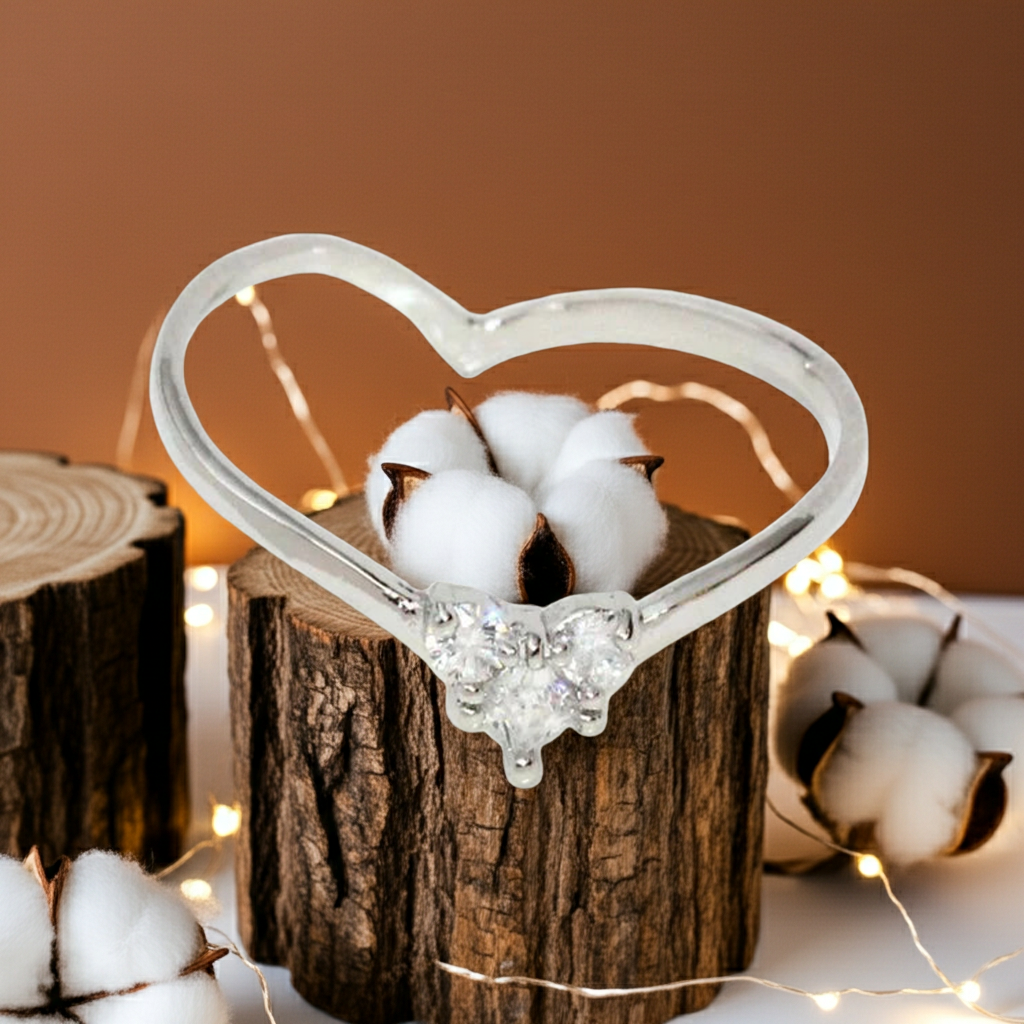 Japanese ring- Nickel-free 3-stone cubic zirconia heart-shaped ring- Made in Japan