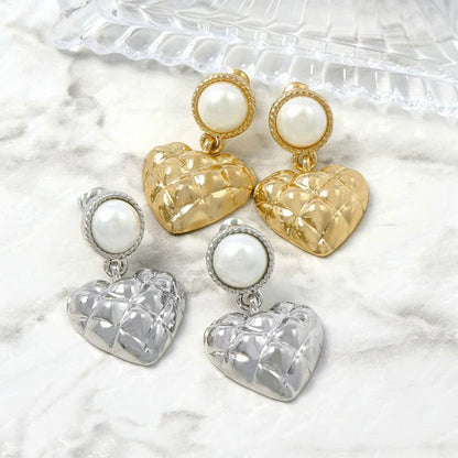 Japanese earrings- Quilted Heart Pearl Earrings