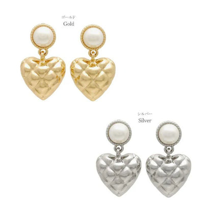 Japanese earrings- Quilted Heart Pearl Earrings