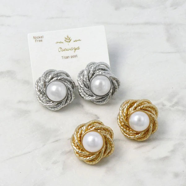 Japanese earrings- Nickel-Free Flower Pearl Stud Earrings with Titanium Posts