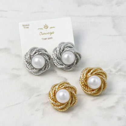 Japanese earrings- Nickel-Free Flower Pearl Stud Earrings with Titanium Posts