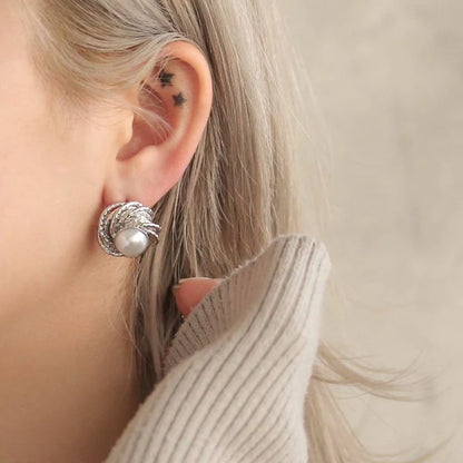 Japanese earrings- Nickel-Free Flower Pearl Stud Earrings with Titanium Posts