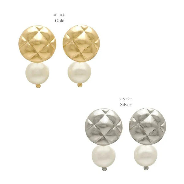 Japanese earrings- Nickel-Free Quilted Circle Pearl  Earrings
