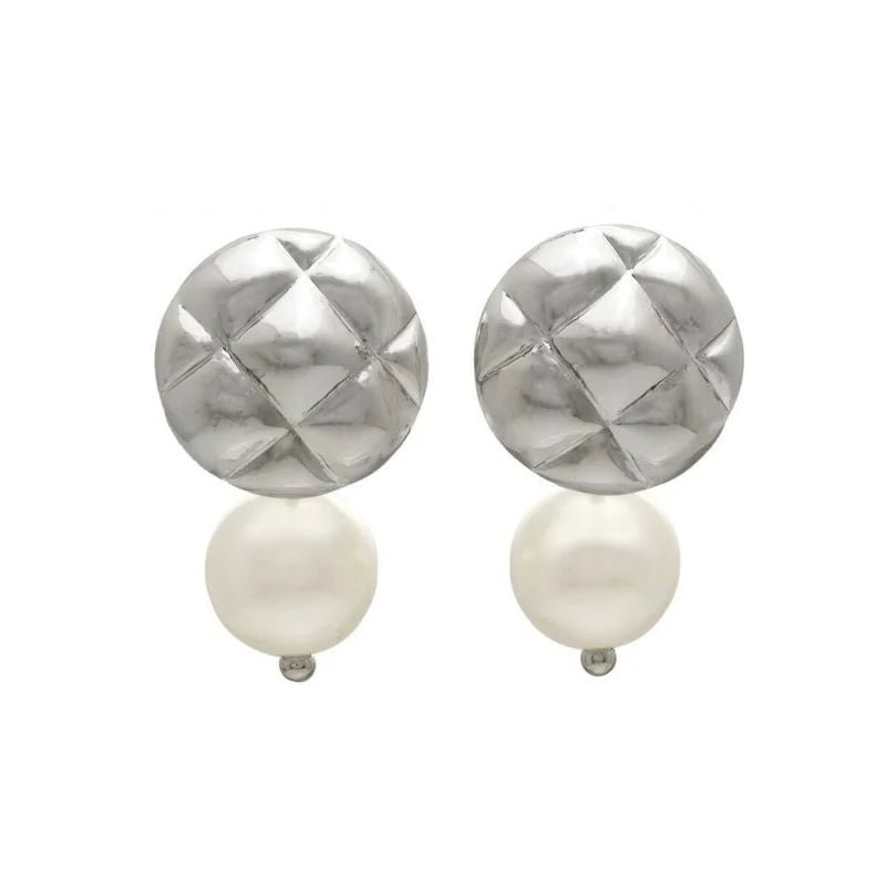 Japanese earrings- Nickel-Free Quilted Circle Pearl  Earrings