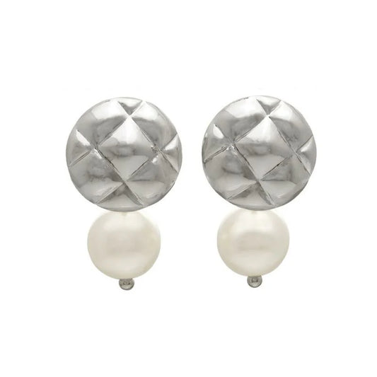 Japanese earrings- Nickel-Free Quilted Circle Pearl  Earrings
