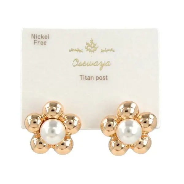 Japanese earrings- pearl metal flower stud earrings