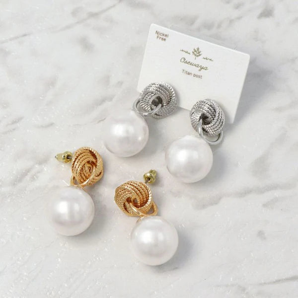 Japanese earrings- Nickel-Free twisted circle Pearl Stud Earrings with Titanium Posts