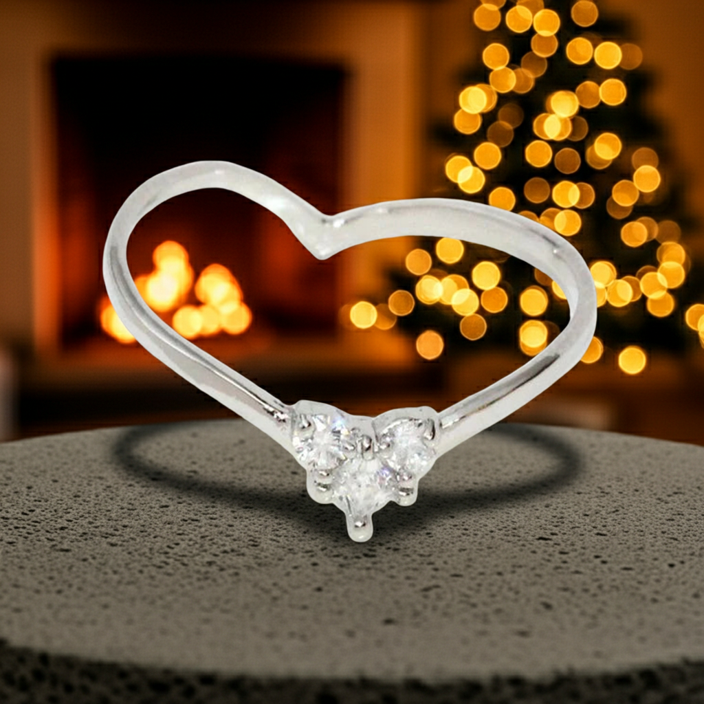 Japanese ring- Nickel-free 3-stone cubic zirconia heart-shaped ring- Made in Japan