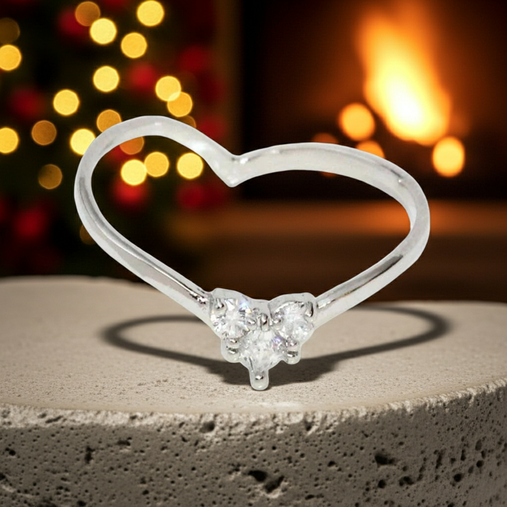 Japanese ring- Nickel-free 3-stone cubic zirconia heart-shaped ring- Made in Japan