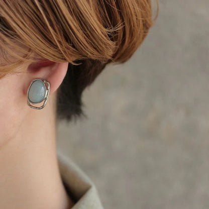 Japanese non-pierced earrings- Brown marble oval screw-back earrings