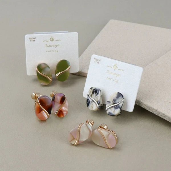 Japanese non-pierced earrings- Marble flow oval screw-back earrings