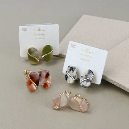 Japanese non-pierced earrings- Marble flow oval screw-back earrings