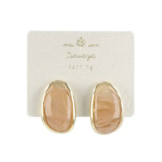 Japanese non-pierced earrings- Marble Oval Metal Frame Screw-Back Earrings