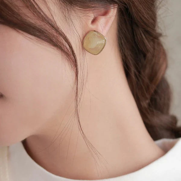 Japanese non-pierced earrings- Rhombus Marble Metal Frame Earrings – Screw-Back Style