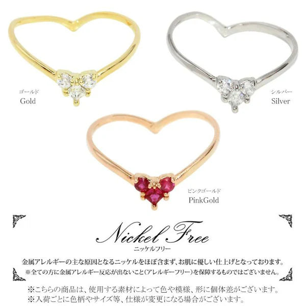 Japanese ring- Nickel-free 3-stone cubic zirconia heart-shaped ring- Made in Japan