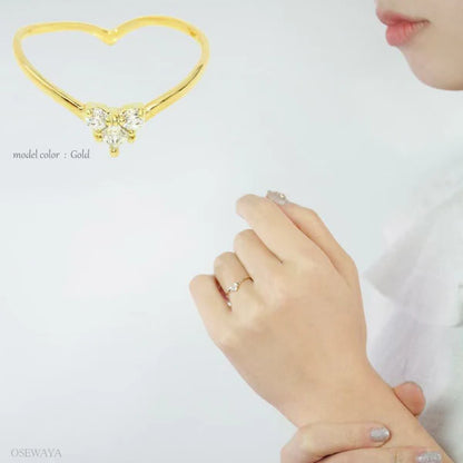 Japanese ring- Nickel-free 3-stone cubic zirconia heart-shaped ring- Made in Japan